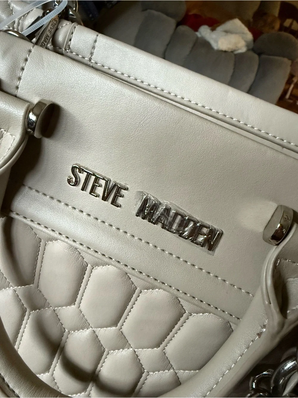 Steve Madden Quilted Cream Satchel with Silver Chain Handles